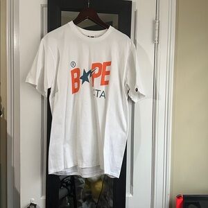 Bape Mens White and Orange Logo Tee